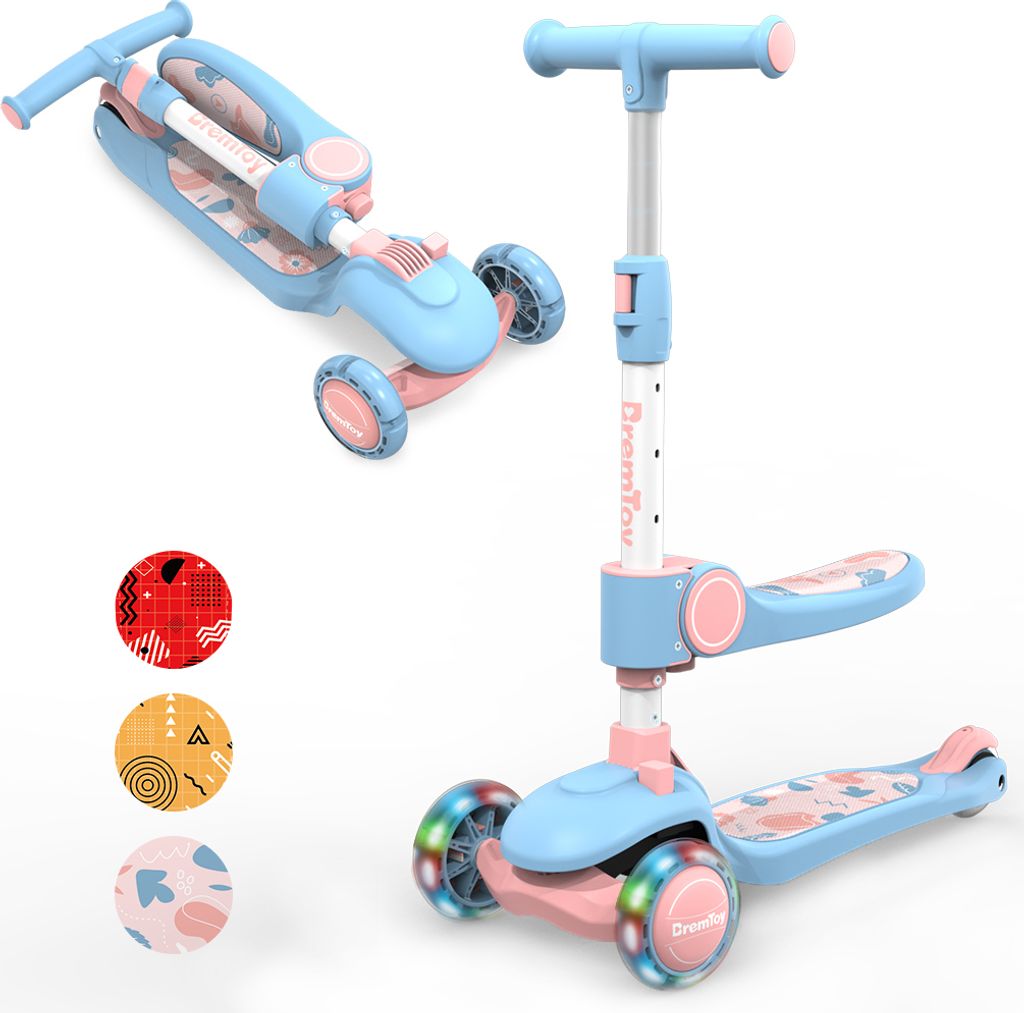 BremToy Kinderroller, Kinder Scooter mit klappbarem Sitz, LED Vorderrädern, höhenverstellbar, für Kinder von 2-8 Jahren (blau-rosa)