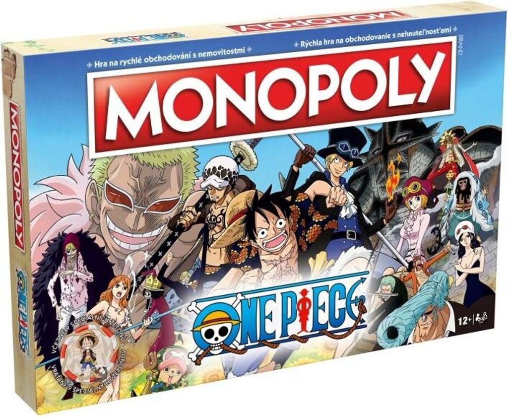 The image shows the front of a Monopoly board game box with One Piece characters.