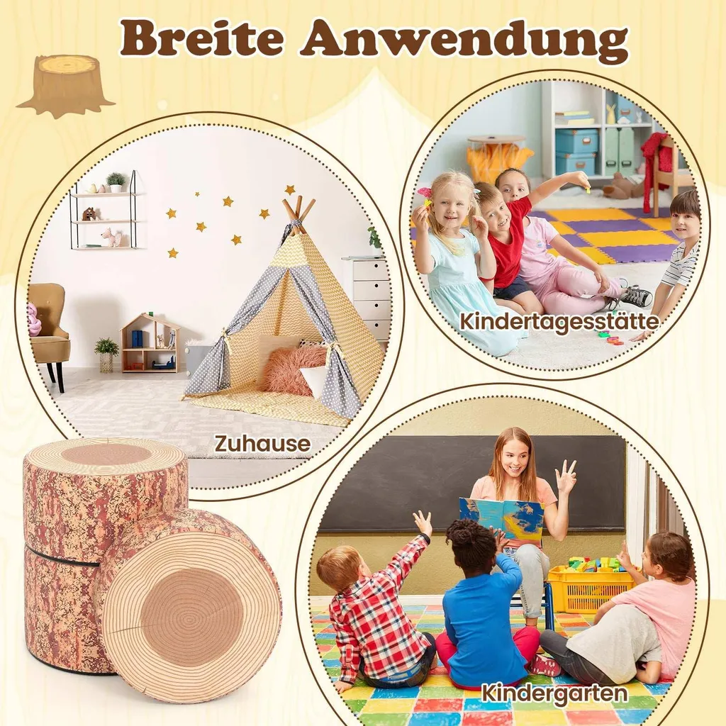 Ensemble de 3 Tabourets Souche d'Arbre pour Enfant en Simili Cuir Marron