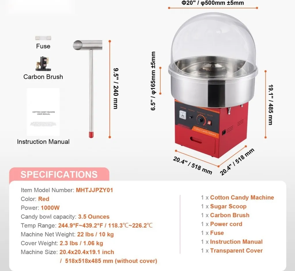 Machine à barbe à papa électrique 1000 W avec bulle et bol inox rouge