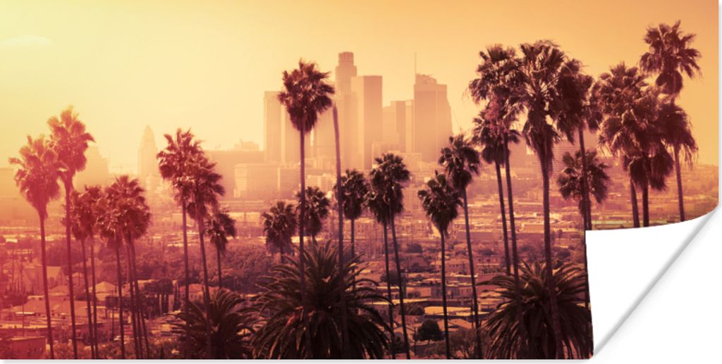 MuchoWow Poster Palme - Skyline - Sonnenuntergang - Architektur 80x40 cm - Wanddeko