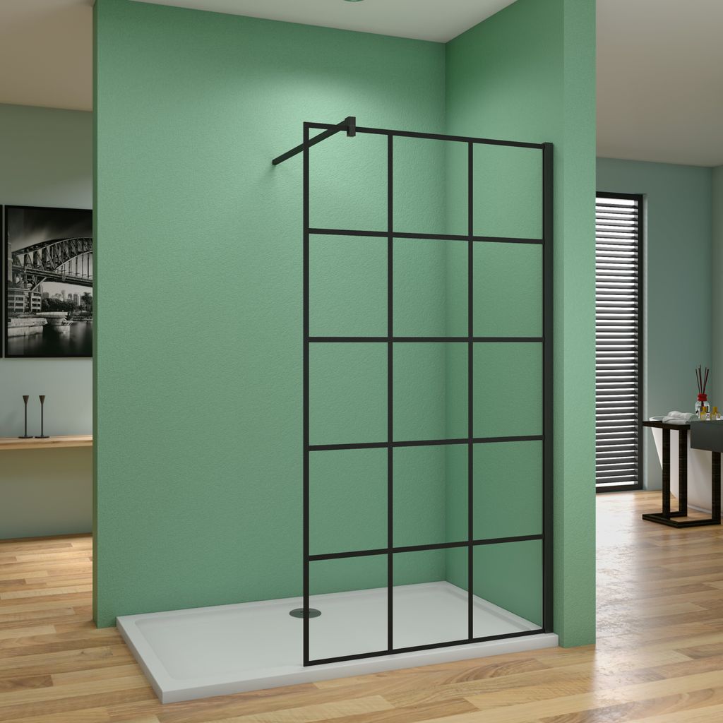 80x200cm Walkin Duschwand Schwarz Dusche Duschkabine Duschabtrennung 8mm Nano Glas+F Form:140cm Stabilisierungs Stange