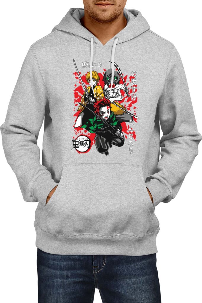 Herren Kapuzenpullover Demon Anime Slayer Tanjiro Zenitsu Inosuke 002, Man M / Grau