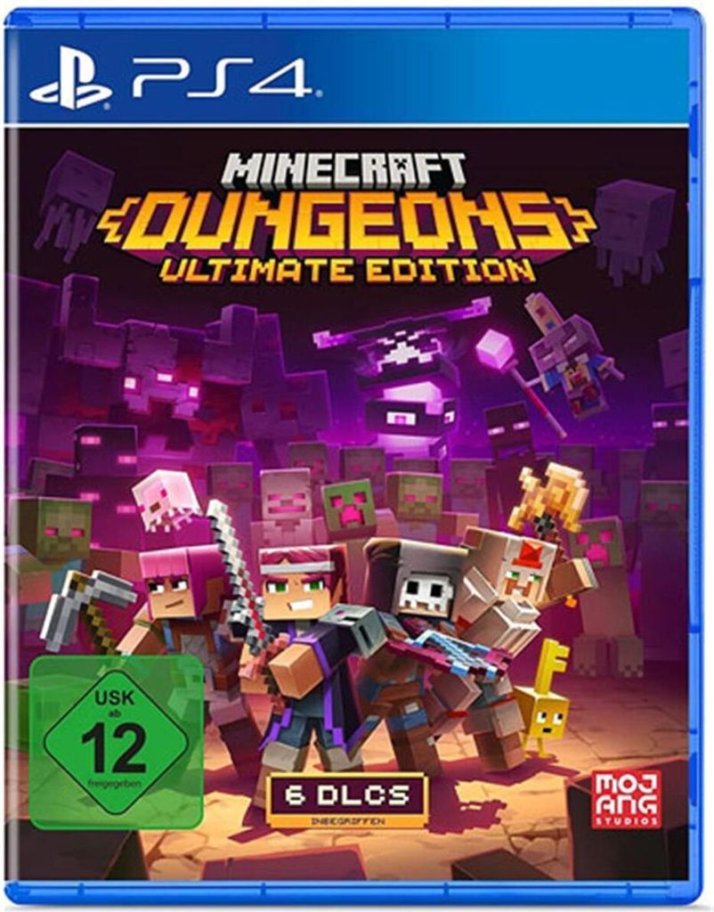The image shows the front cover of a PlayStation 4 game case for Minecraft Dungeons Ultimate Edition.