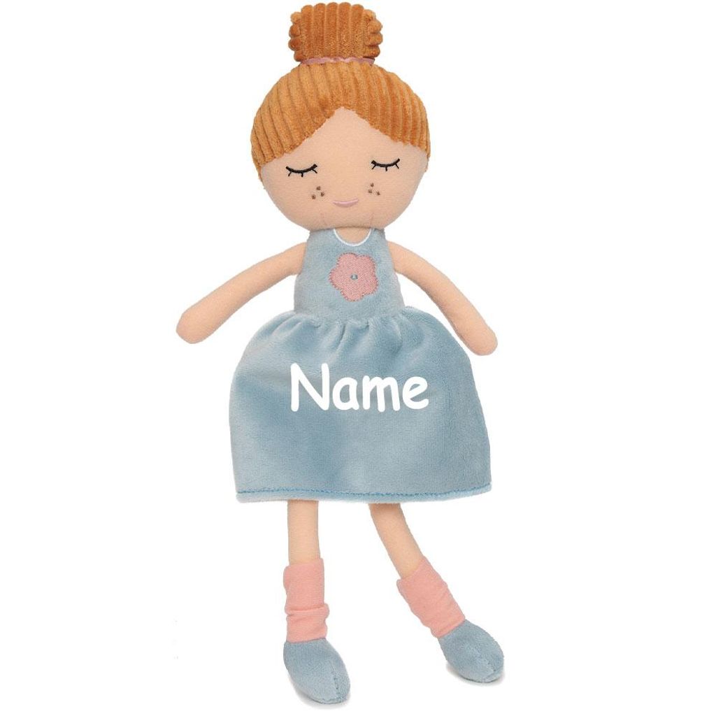 Stoffpuppe mit Name personalisiert weiche Kuschelpuppe zum Spielen mit aufgesticktem Gesicht Kleid hellblau