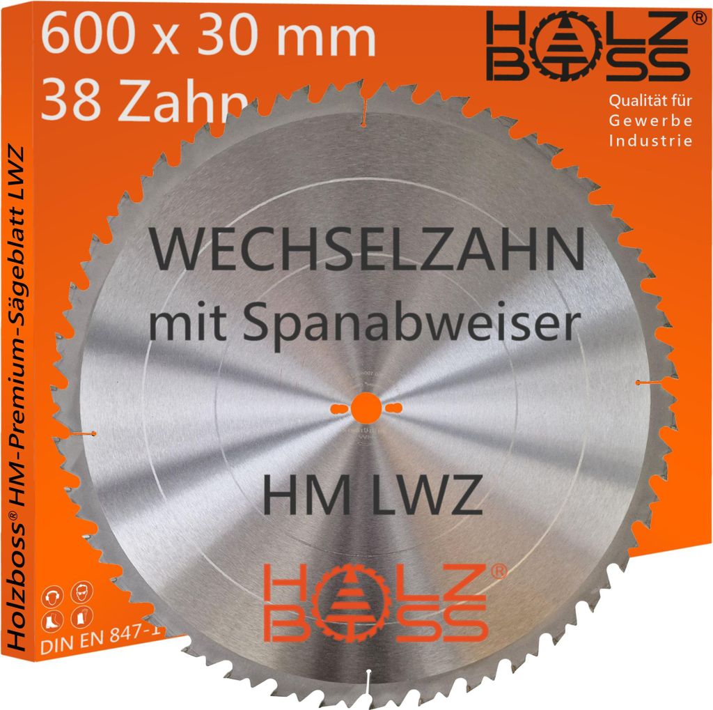 Holzboss HM-Sägeblatt 600 x 30 mm LWZ 38 x Zahn mit Spanabweiser und Rückschlagarm Wechselzahn WZ Kreissägeblatt Profisägeblatt 600x30 Läng...