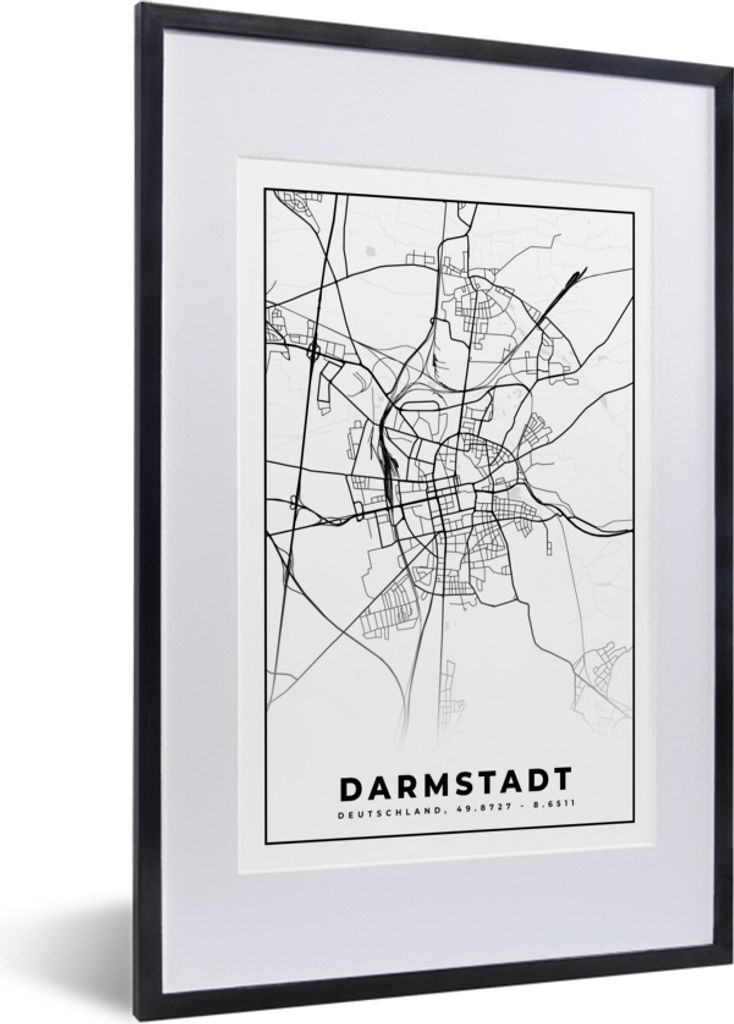 MuchoWow Gerahmtes Poster Karte - Darmstadt - Stadtplan - Wegbeschreibung 40x60 cm - Poster mit Schwarzem Bilderrahmen Wandposter Rahmen Foto Bil...