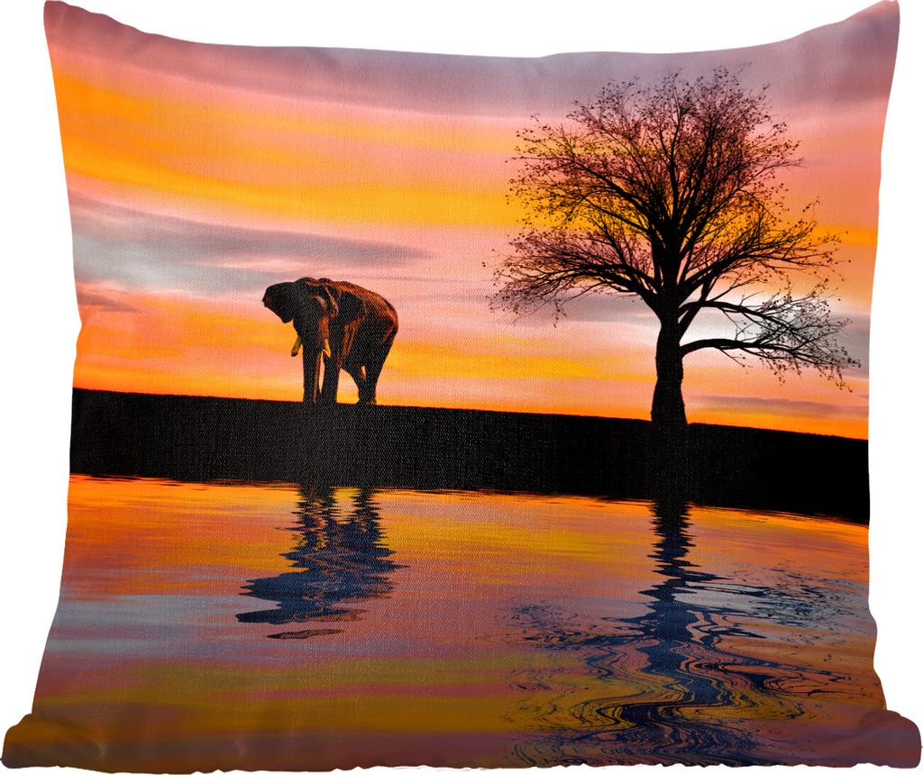 MuchoWow Zierkissen Sofakissen Wohnzimmer Dekokissen 60x60 cm Elefant und Sonnenuntergang - Sitzfläche - Foto Polster