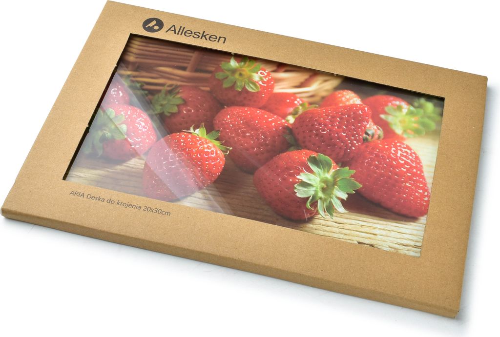A product package with a window showing a cutting board with strawberries.