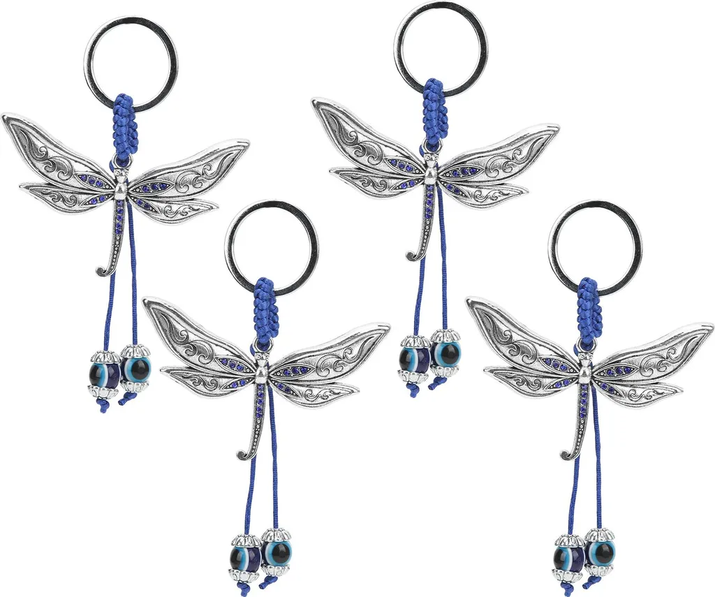 4 portachiavi con libellula e occhio malvagio, cordoncino intrecciato blu, ciondolo per tazza