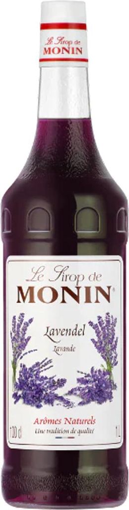 A bottle of Monin Lavender syrup against a white background.