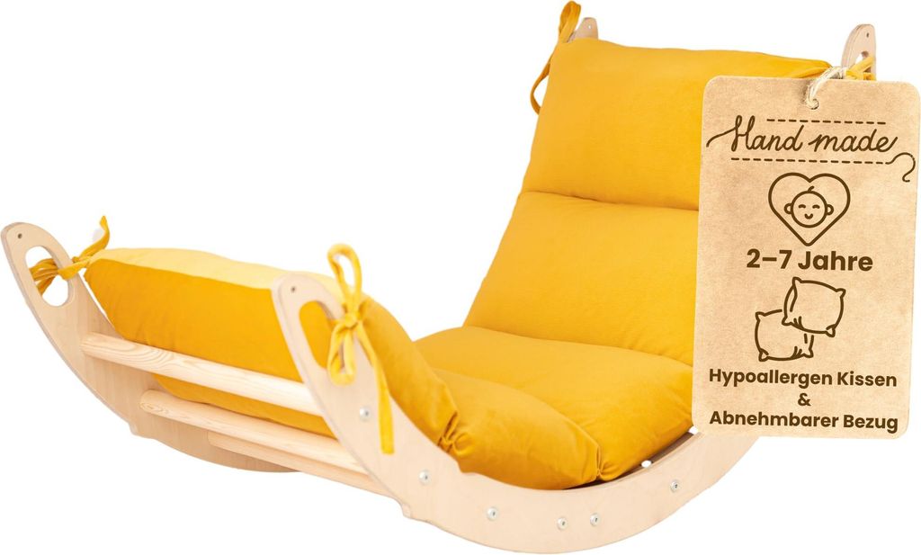 WoodsCraft - Kletterbogen mit Hypoallergen Kissen - Holz Klettergerüst Indoor - Holzwippe, Bogenwippe, Wippe - Montessori Kletterspielzeug
