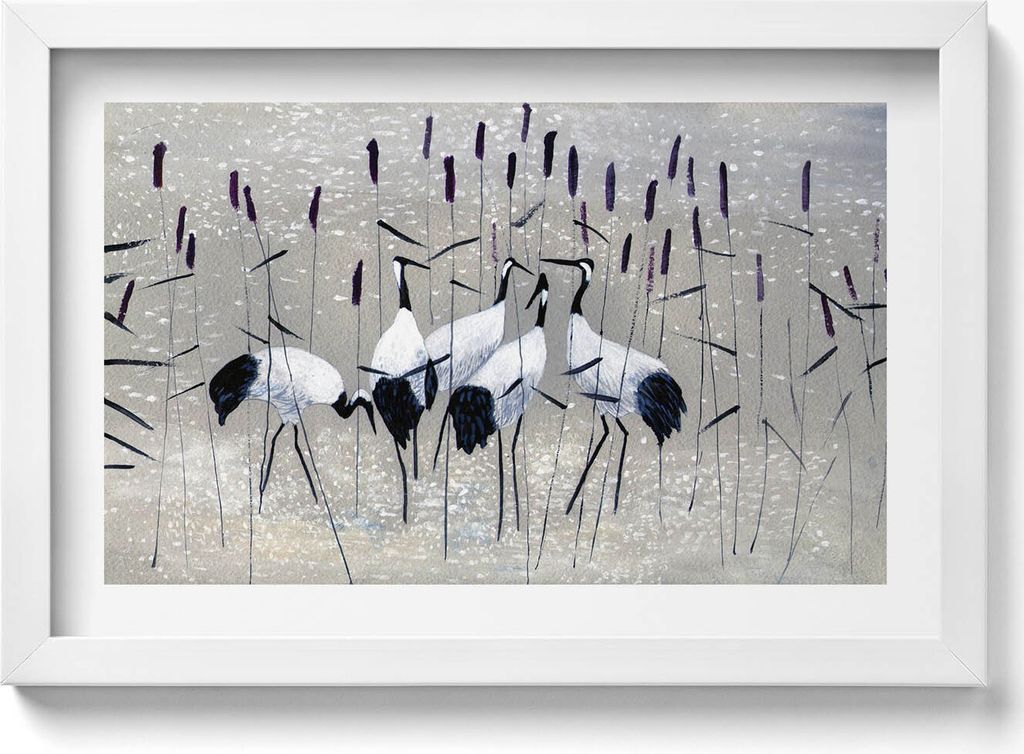 Kraniche im Schilf– Wandbild mit Rahmen – Gerahmtes Bild – Wanddekoration – 30x20 cm – Weiß Rahmen