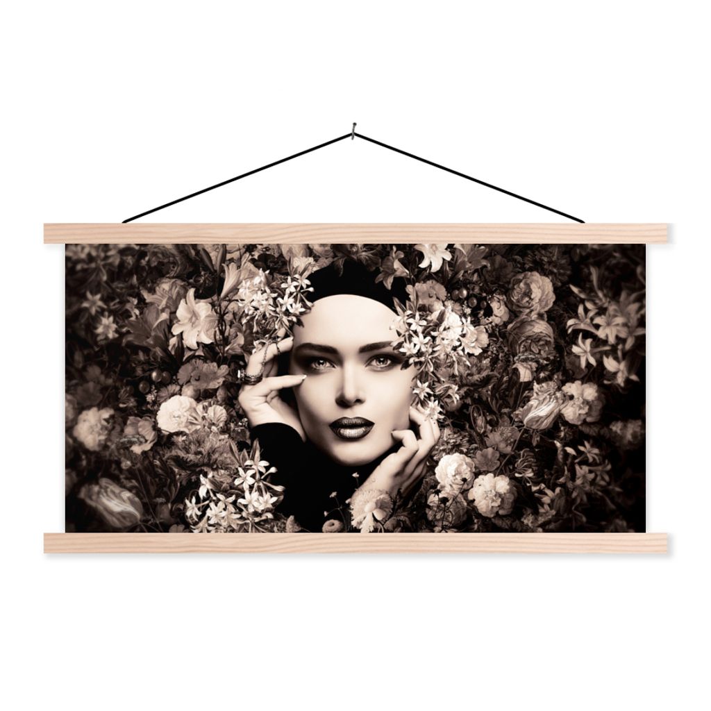 MuchoWow Textilposter Frau - Blumen - Botanisch - Natur 60x30 cm mit holzfarbenen Rahmen - Dekoration