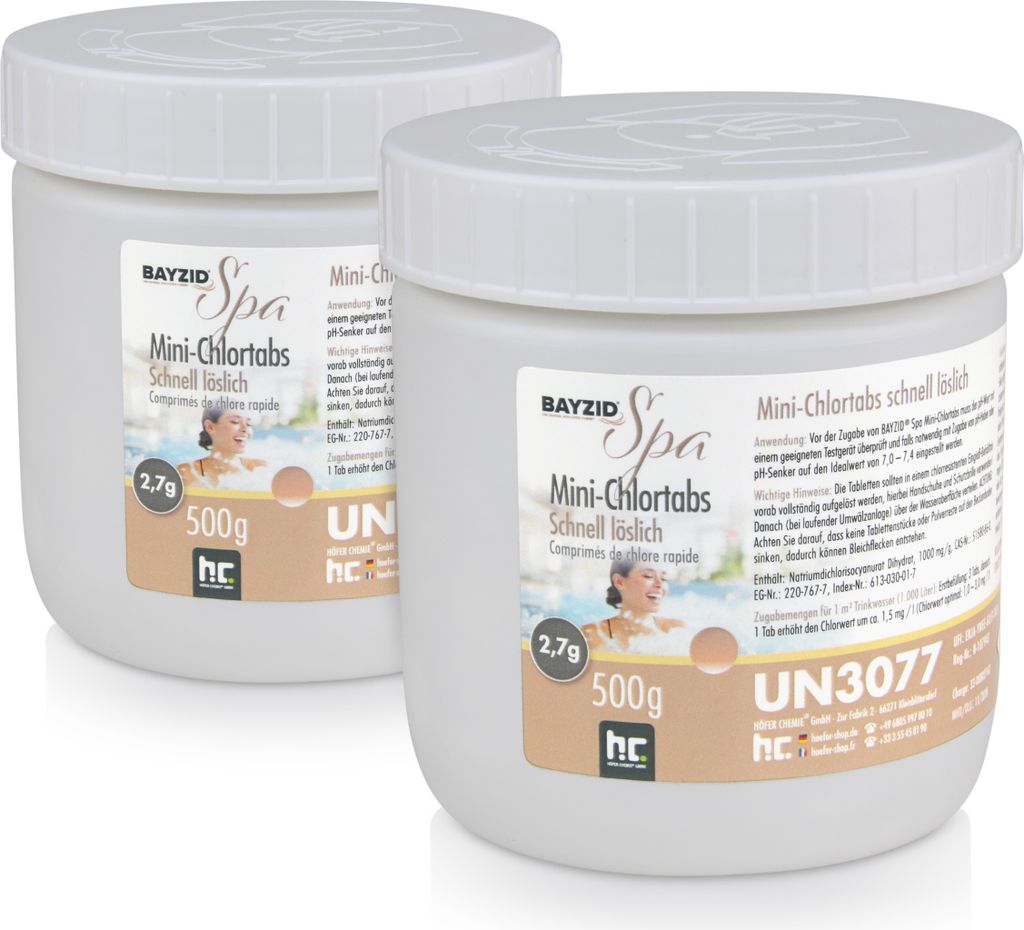 2x500 g BAYZID SPA Mini 2,7g pH-neutrale Chlortabs, schnelle und effektive Whirlpool- & Spa-Chlorung