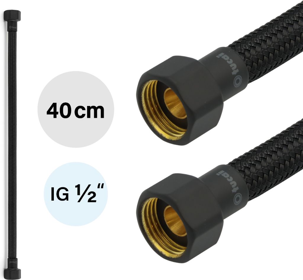 A product image showing two flexible hoses with black braided exterior and black connectors with gold fittings. Text overlays indicate the length and size.
