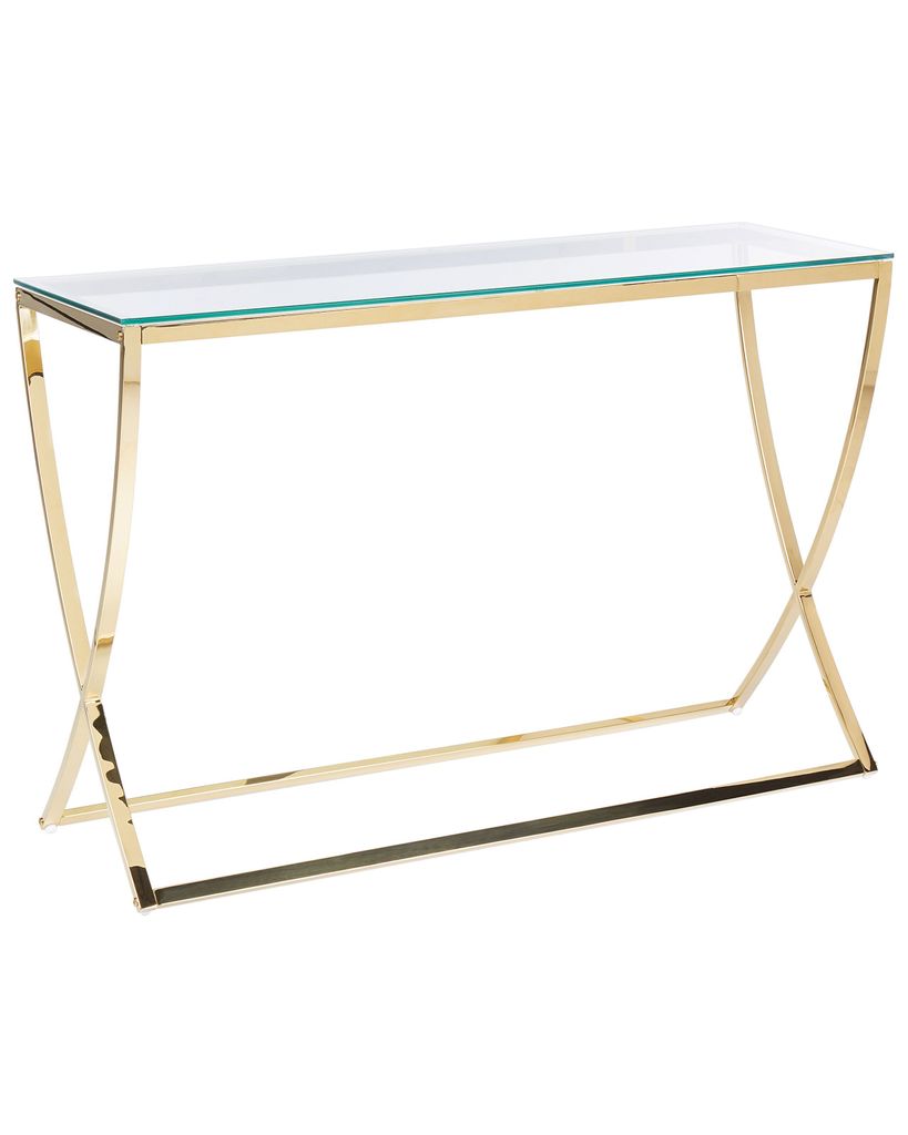 A gold and glass console table on a white background.