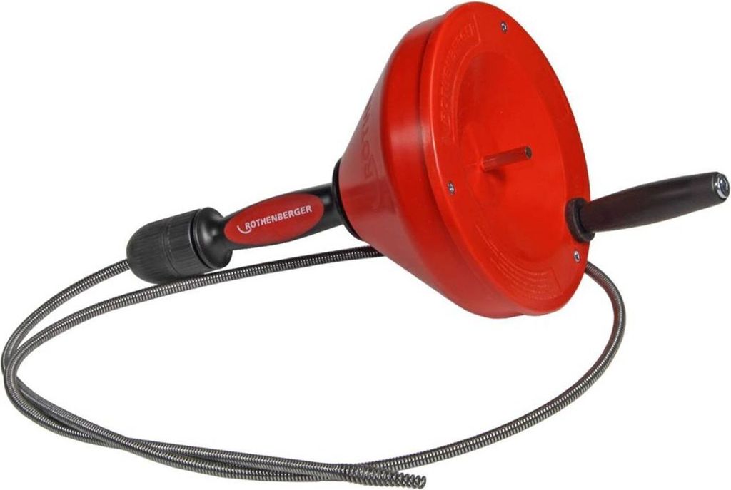 A red and black drain cleaning tool with a coiled metal cable.