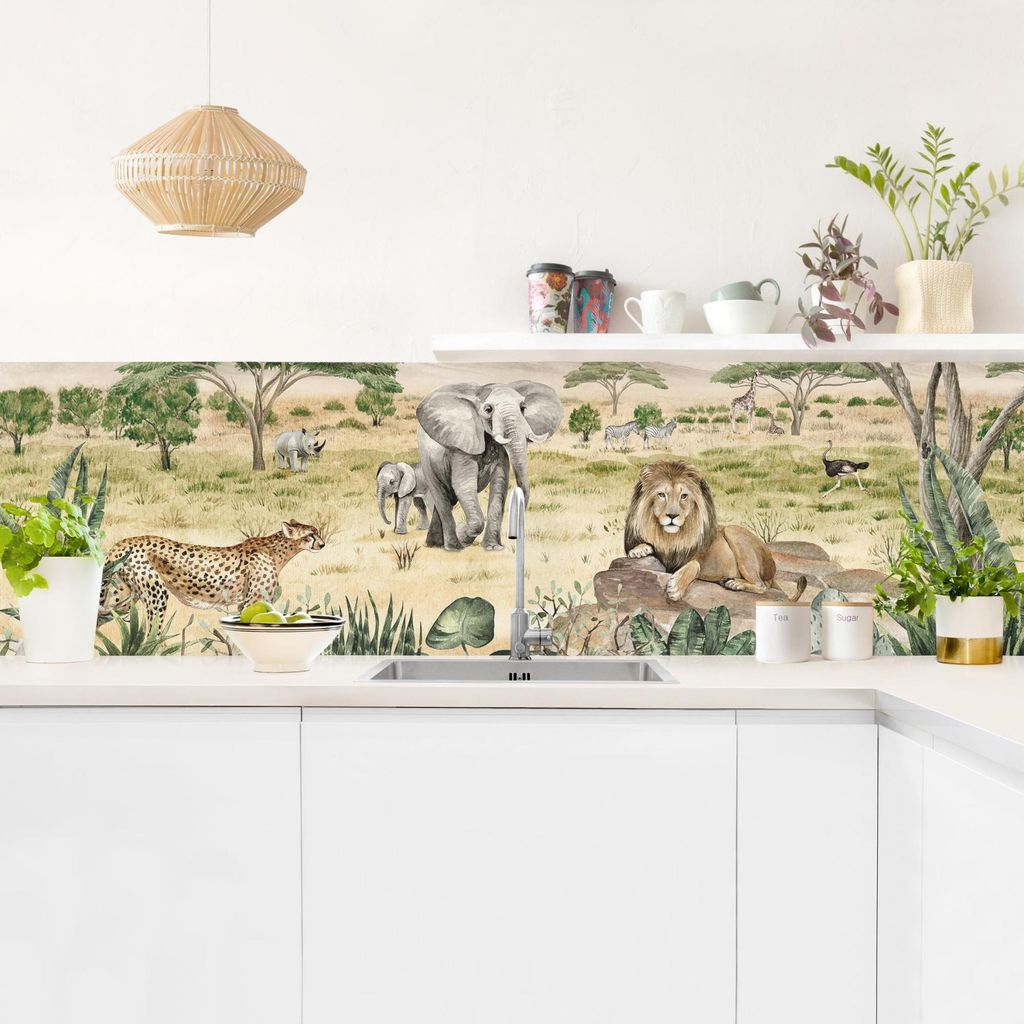 Küchenrückwand Natur selbstklebend - 0.65 mm Wandpaneel wasserfest Afrika grün Aquarell Spritzschutz fugenlos
