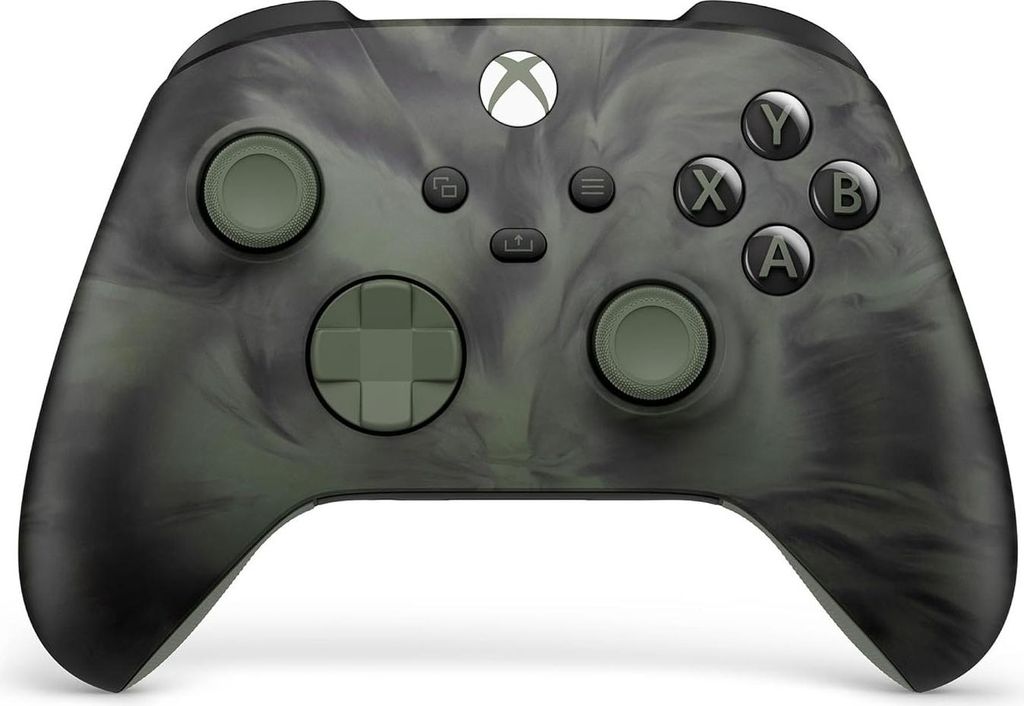 A top-down view of an Xbox Wireless Controller with a unique vapor-like pattern.