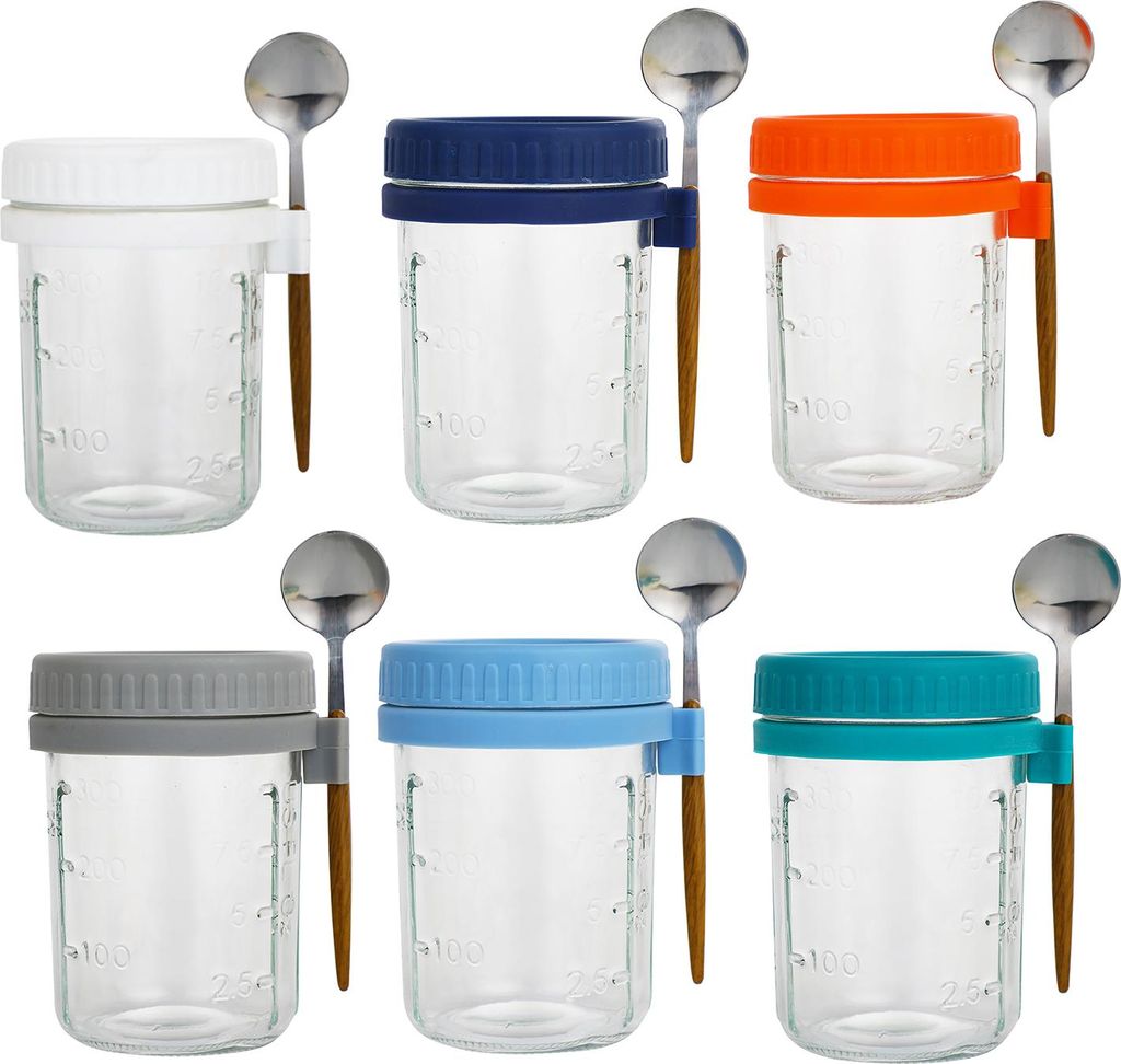 6 Stück Overnight-Oat-Behälter mit Deckel, lebensmittelecht, BPA-frei, hitzebeständig, Einmachgläser aus Glas, luftdicht, auslaufsicher, Overni...