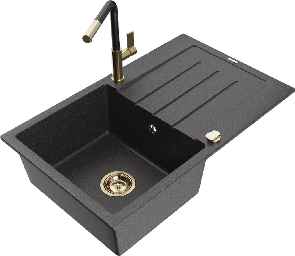 Mexen Bruno 1 Becken-Granitspüle mit Abtropffläche und Mischbatterie Flora, Schwarz gesprenkelt - 6513-76-670401-57-G