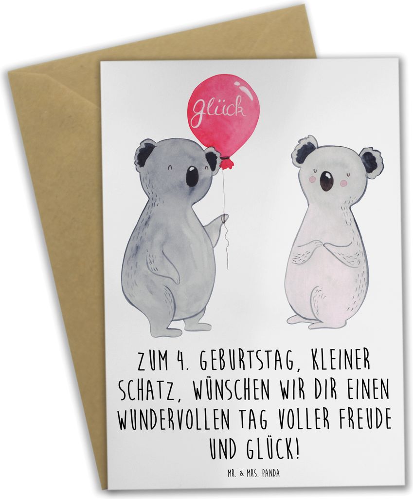 Mr. & Mrs. Panda Grußkarte 4. Geburtstag - Weiß - Geschenk, besonderen Tag, Glückwunsch, Geburtstagsdeko, Happy Birthday, Kindergeburtstag, weih...