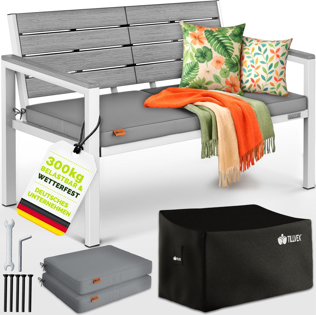 tillvex® Gartenbank Wetterfest 3-4 Sitzer mit Abdeckung & Produktbild 