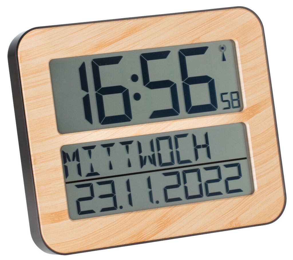 Digitale Funk-Wanduhr TimeLine Max TFA 60.4512.08, mit Weckfunktion, Wochentag und Datum, Holzoptik