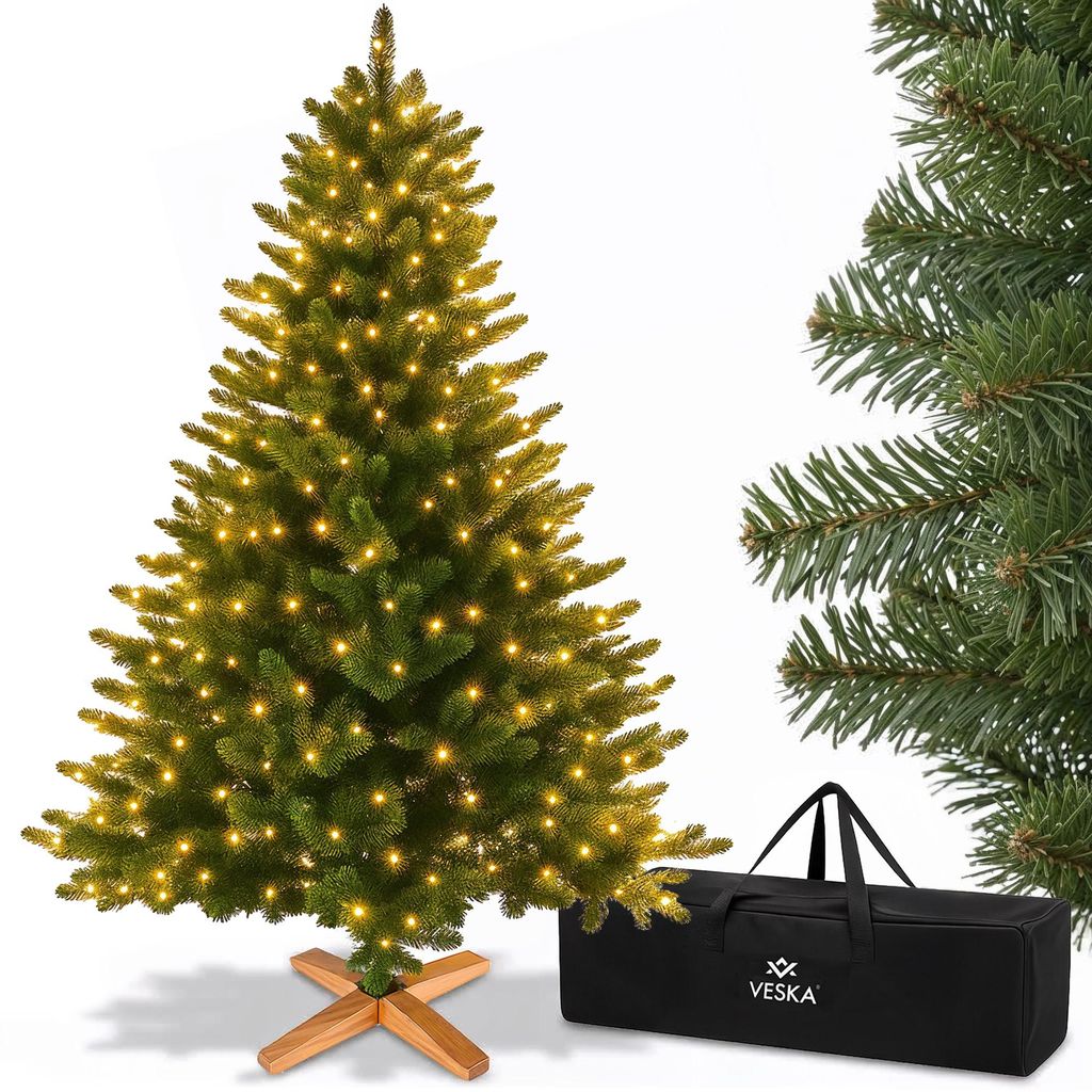 Premium Weihnachtsbaum künstlich 180cm - mit Holzständer, Nordmanntanne, Künstlicher Tannenbaum, Naturgetreu, dichte Zweige mit LED