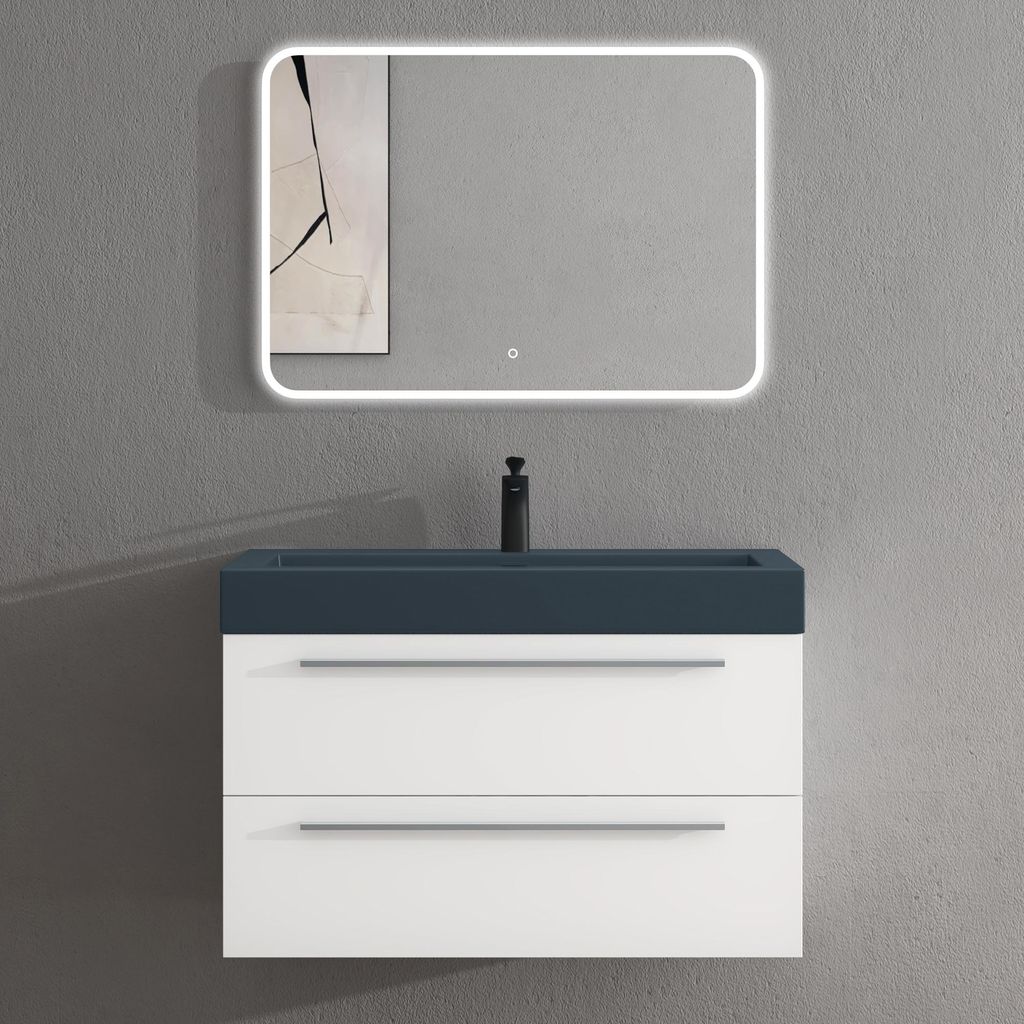 doporro Badmöbel-Set Waschbeckenunterschrank mit Soft-Close in Matt Weiß 90x48x60cm Waschplatz komplett Set inkl. Mineralguss-Waschbecken in matt...
