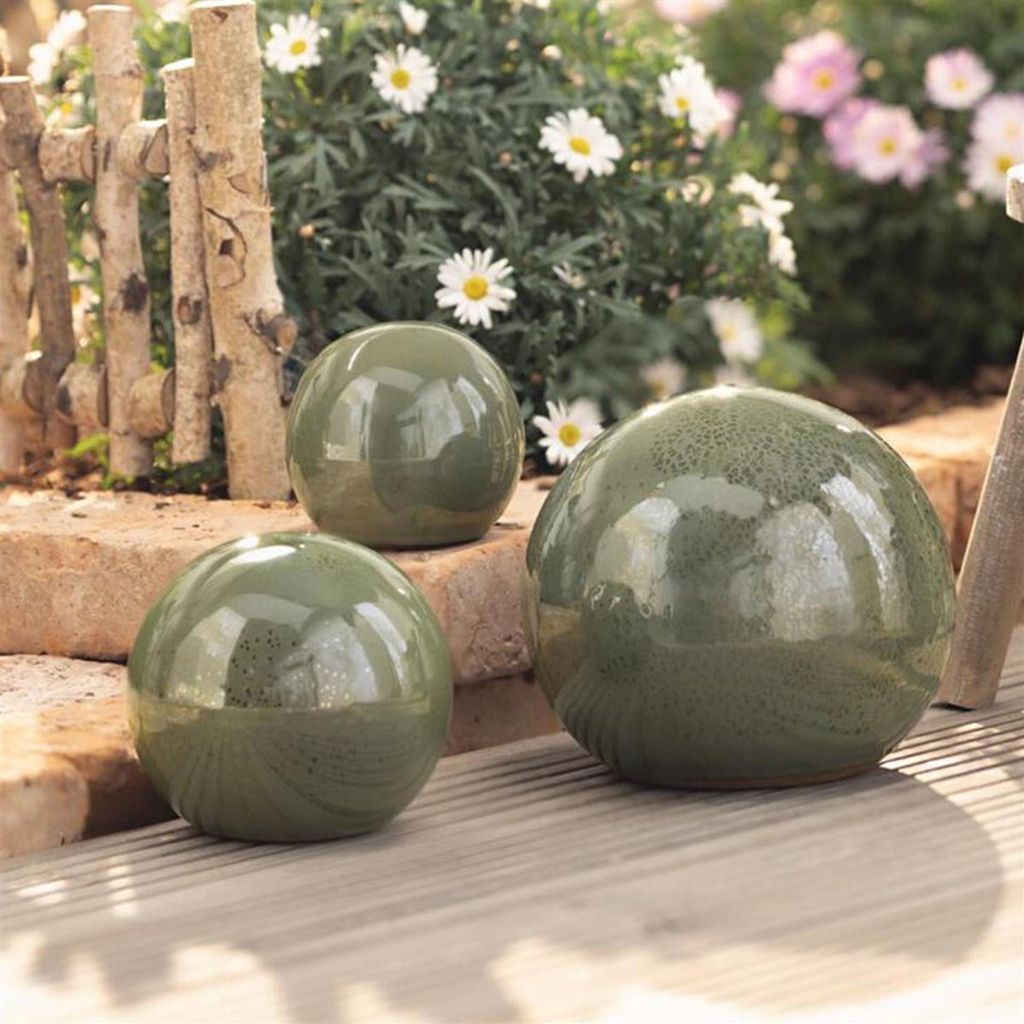 3er Set Dekokugeln "Oliv" aus Terracotta, Ø 12 + 15 + 20 cm, Gartenkugeln, Rosenkugel, Gartendeko für Draußen