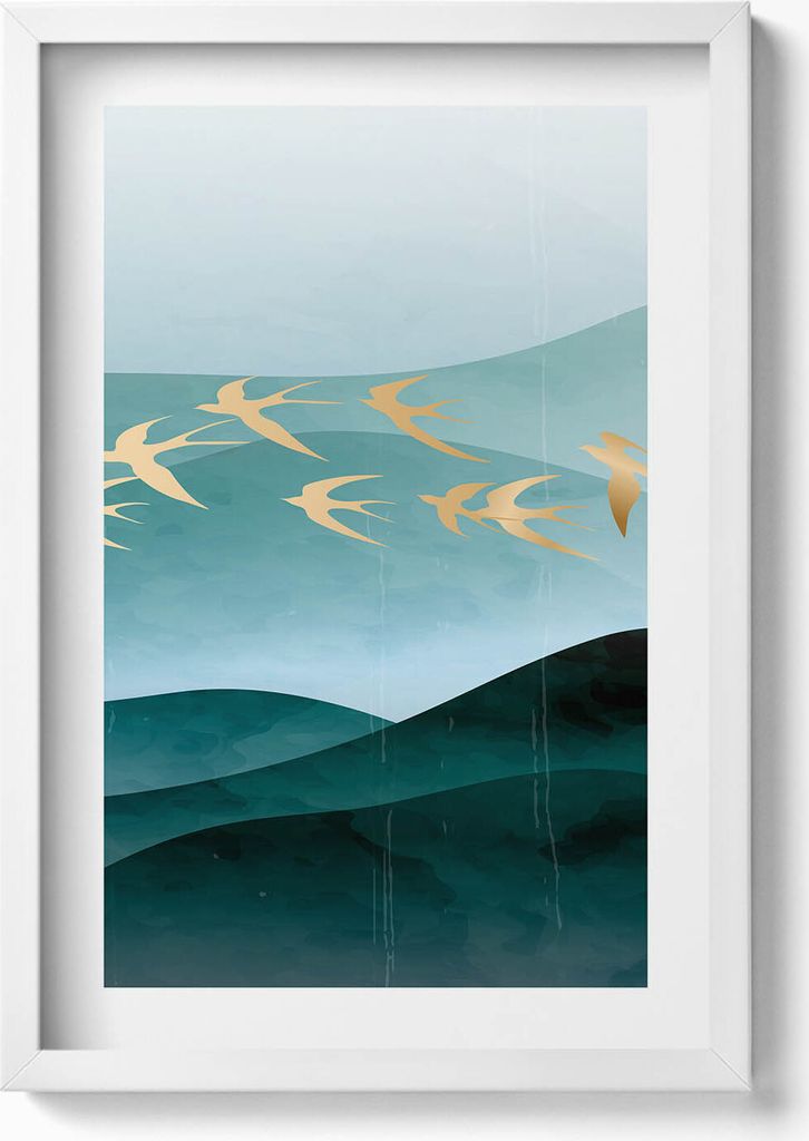 Illustration von goldenen Vögeln am Himmel– Wandbild mit Rahmen – Gerahmtes Bild – Wanddekoration – 40x60 cm – Weiß