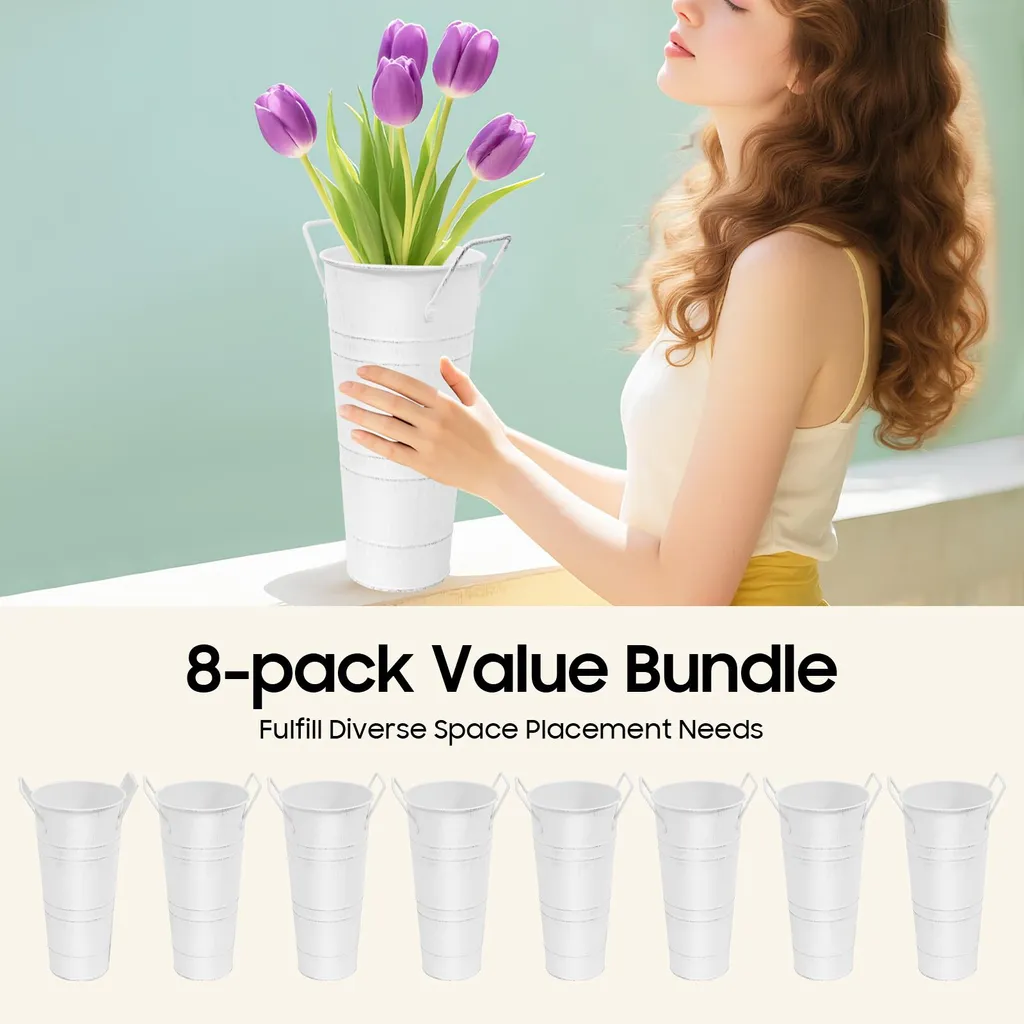 Set 8 vases seaux métal blanc - Déco cylindrique durable et stable - 3