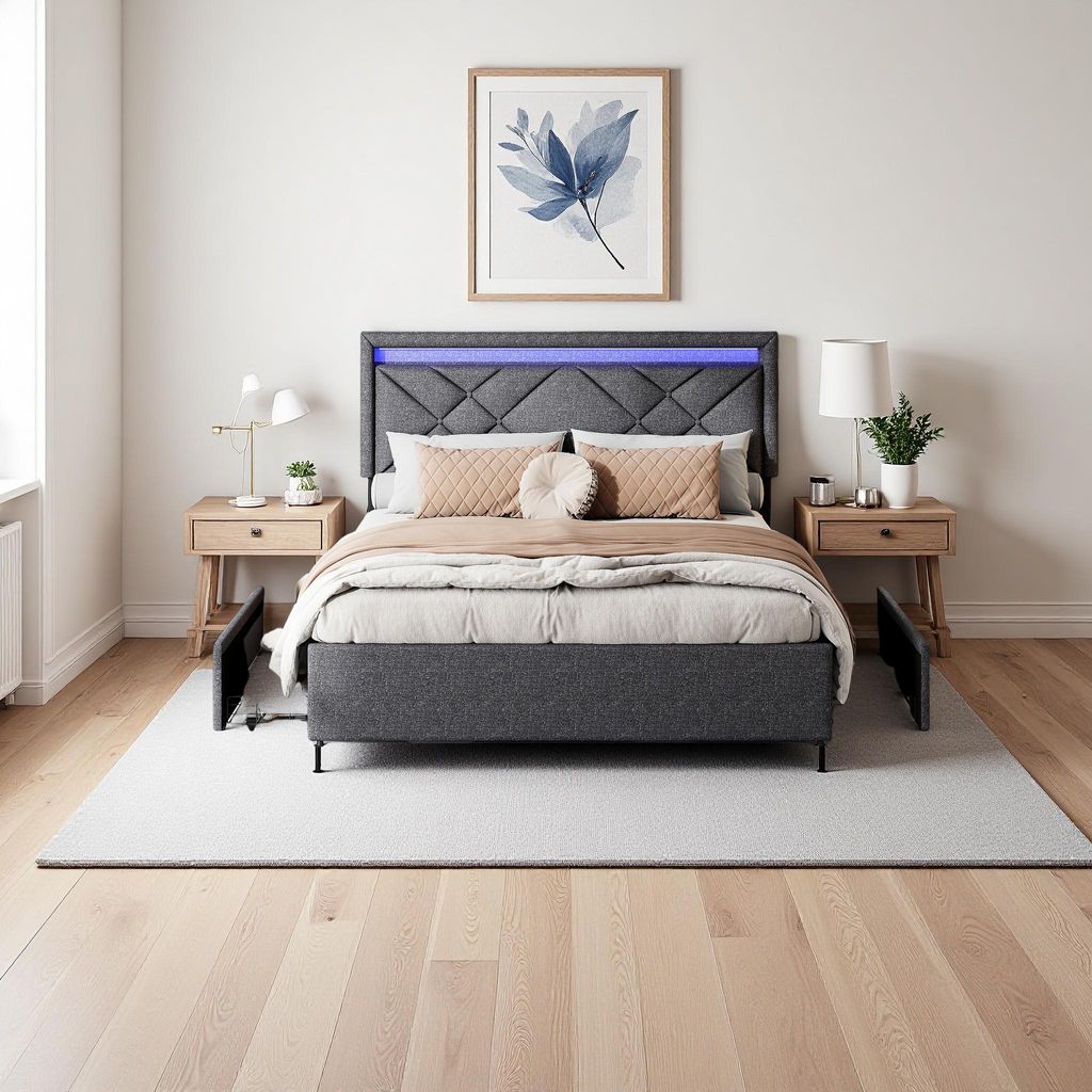 Doppelbett 140x200cm in grauem Leinen mit LED-Beleuchtung, USB- und Typ-C-Anschluss, modernem Kopfteil und 4 Metallschubladen