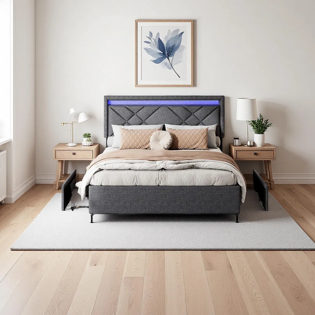 Lit double 160x200cm gris foncé avec LED et ports USB Type-C intégrés
