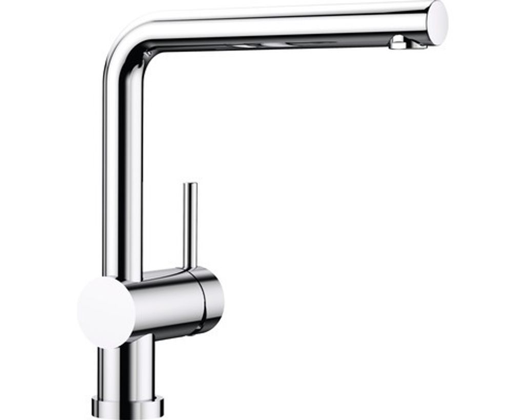A chrome kitchen faucet on a white background.