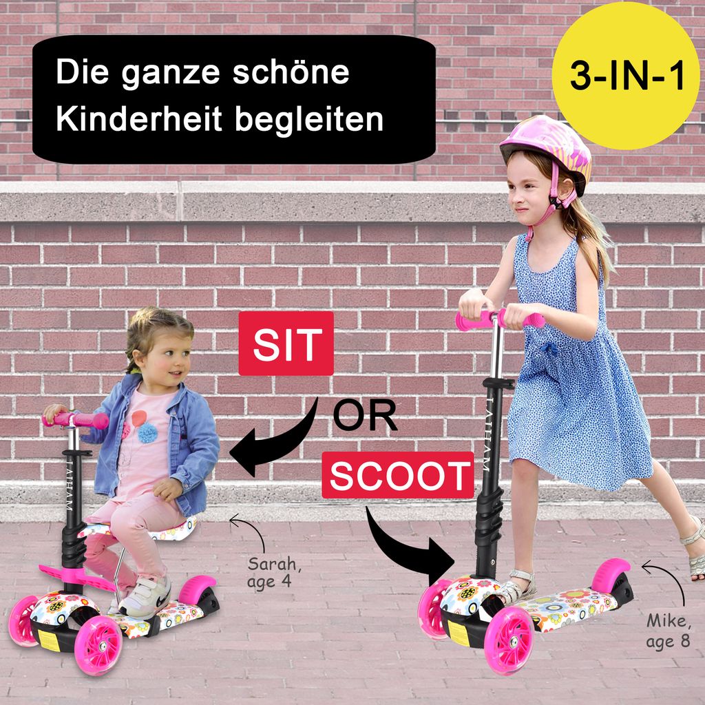 Kinder Roller Scooter mit LED Räder Abnehmbarem Sitz 3 Rad Höheverstellbare Rosa 