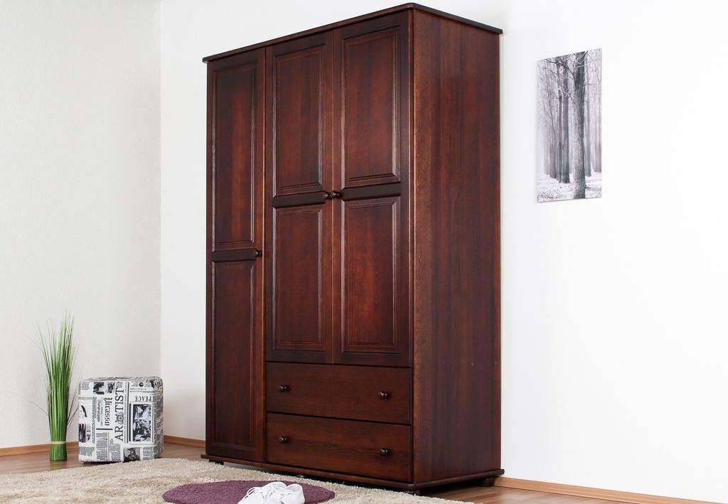 Kleiderschrank Kiefer Vollholz massiv Walnussfarben Junco 06 - Abmessung: 195 x 135 x 59 cm (H x B x T)