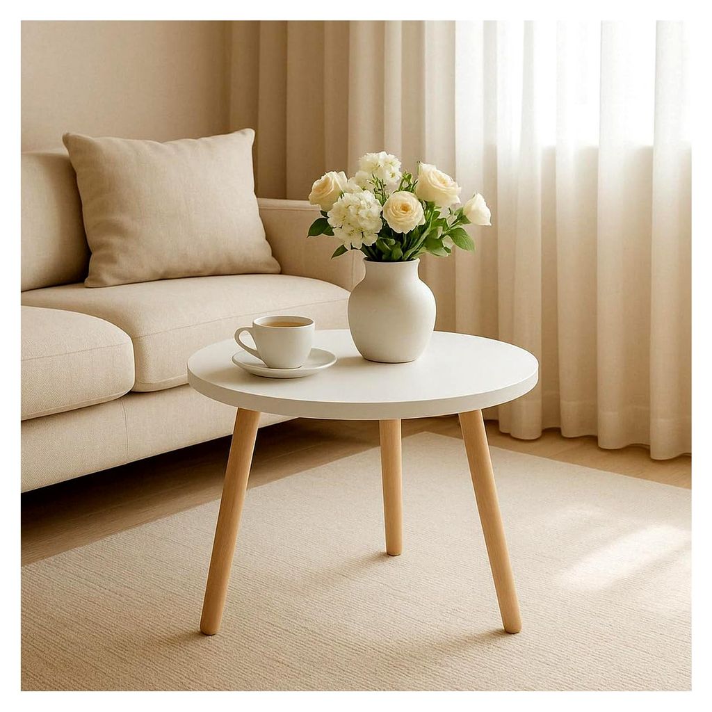 P&P Furniture runder Couchtisch weiß 50 cm Durchmesser, skandinavischer Holztisch - runder Holztisch 50 x 47 cm, Wohnzimmertisch und Kinderzimmer