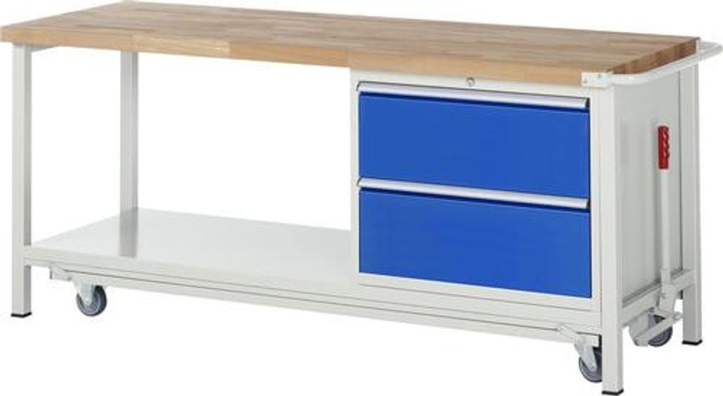 Mobile absenkbare Werkbank, Ablageboden, 2 XL Schubladen - Teilauszug - 270:2 - 880 x 2.000 x 700 mm (HxBxT) - Traglast 1.250 kg - Buche