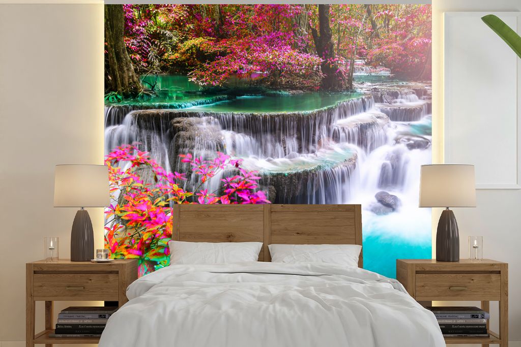 MuchoWow Fototapete für Wohnzimmer oder Schlafzimmer Wandtapete Vinyl Motivtapete Wasserfall - Sonne - Bäume - Regenbogen - Natur - 220x220 cm ...