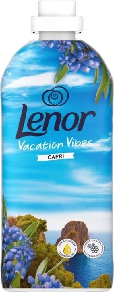 A bottle of Lenor fabric softener with a scenic background of cliffs, sea, and flowers.