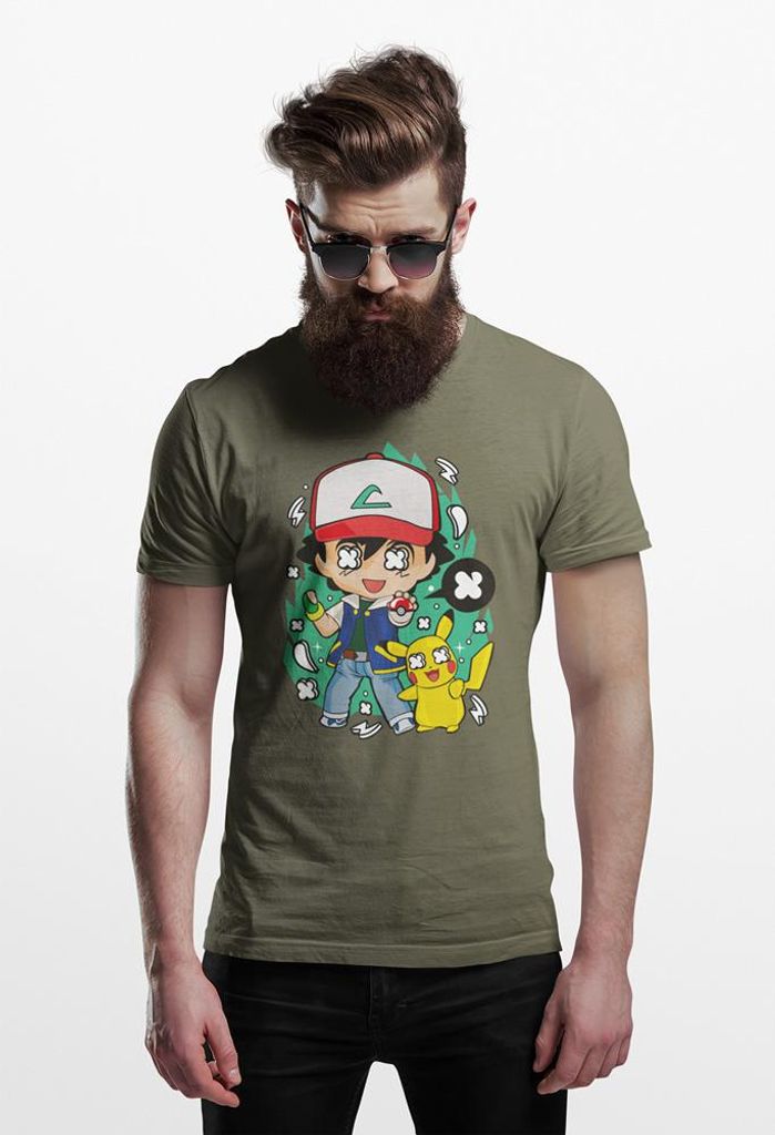 D&B Férfi Uni Polo PC00023 Pokemon MilitärGrün-Größe M