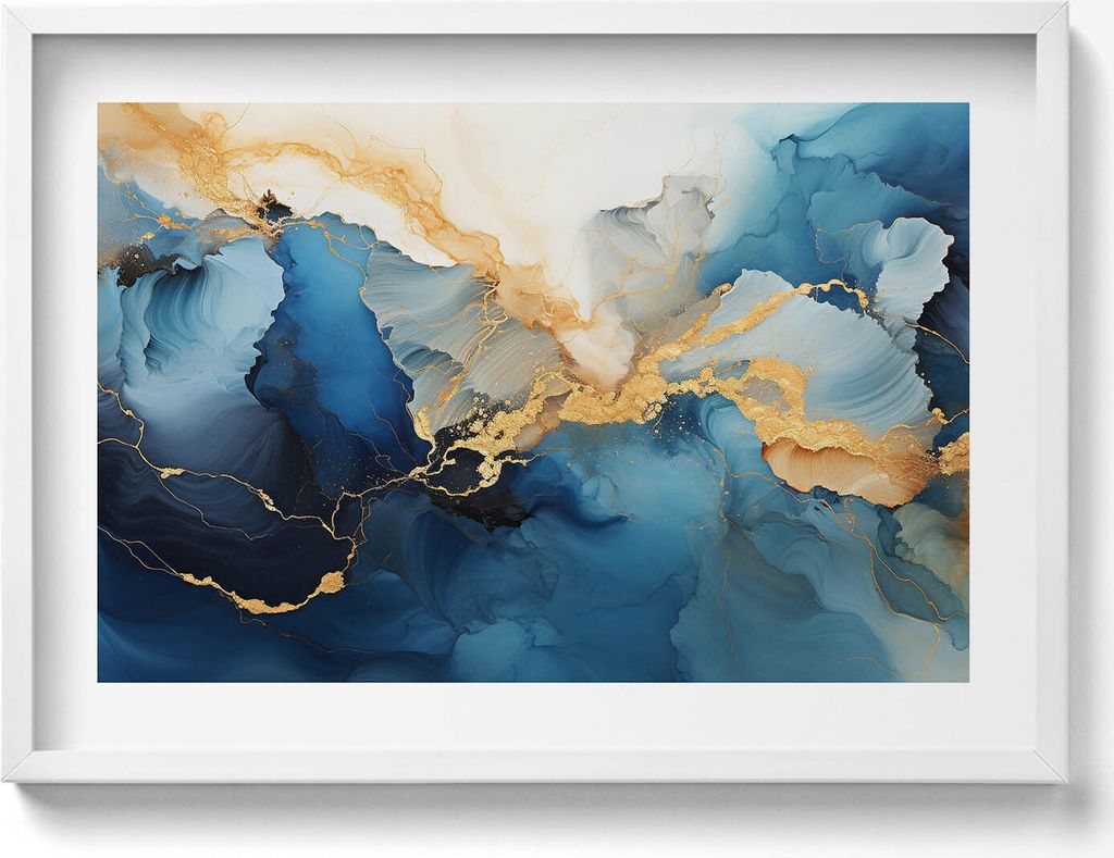 Flüssige Abstraktion mit Gold– Wandbild mit Rahmen – Gerahmtes Bild – Wanddekoration – 70x50 cm – Schwarz Rahmen