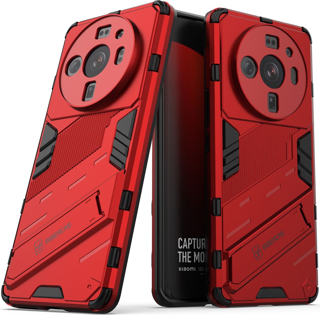 Armor Hülle für Xiaomi 12S Ultra, Hybrid PC TPU Bumper Stoßfestes Schutzhülle mit Standfunktion Rot
