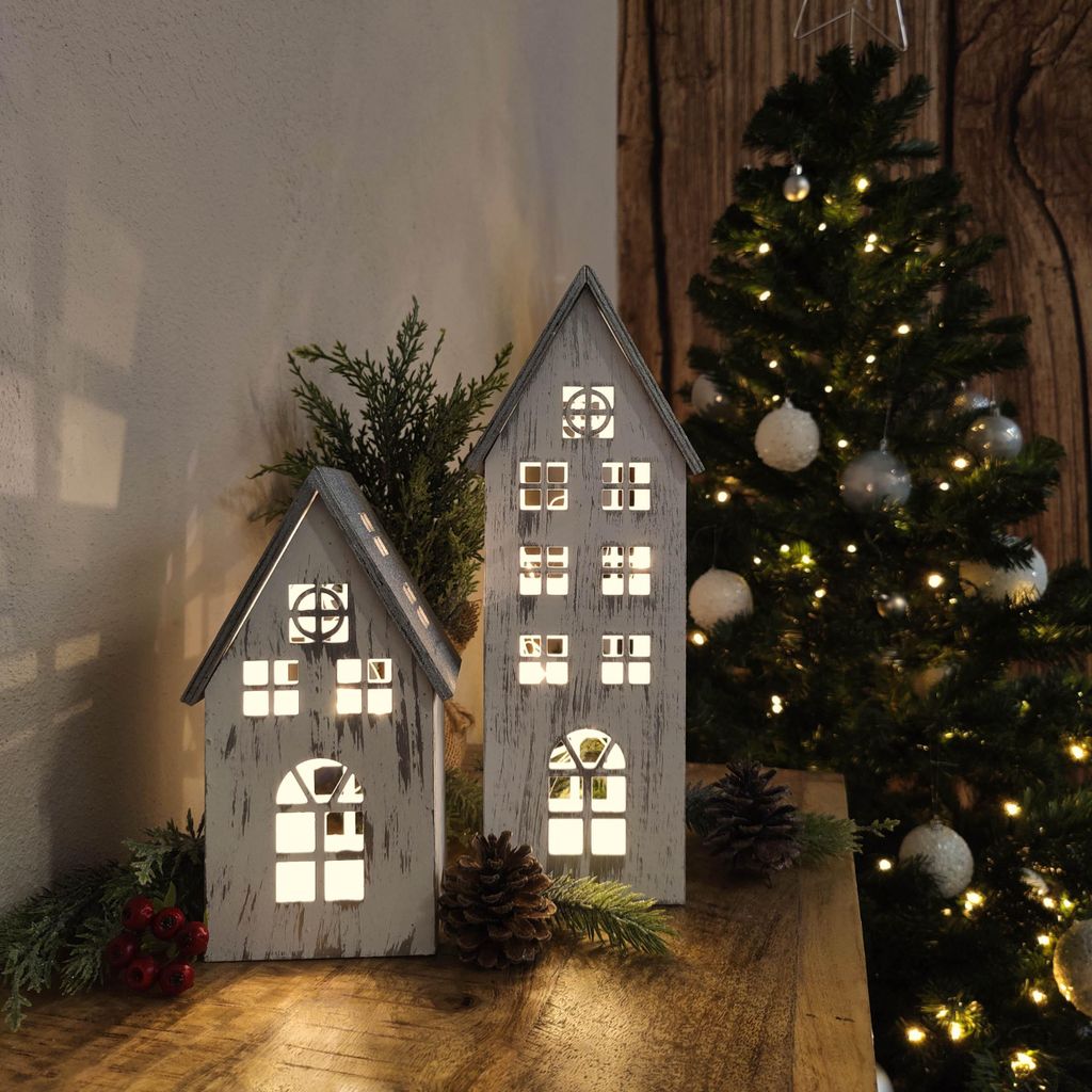 Casette in legno con luci LED, bianco e argento, set da 2 Immagine del prodotto 