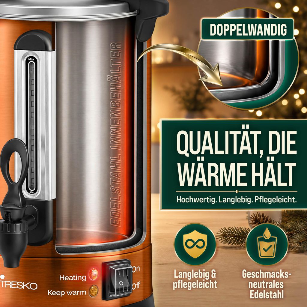 TRESKO® Glühweinkocher Kupfer 6,8L / 1500W Einkochautomat