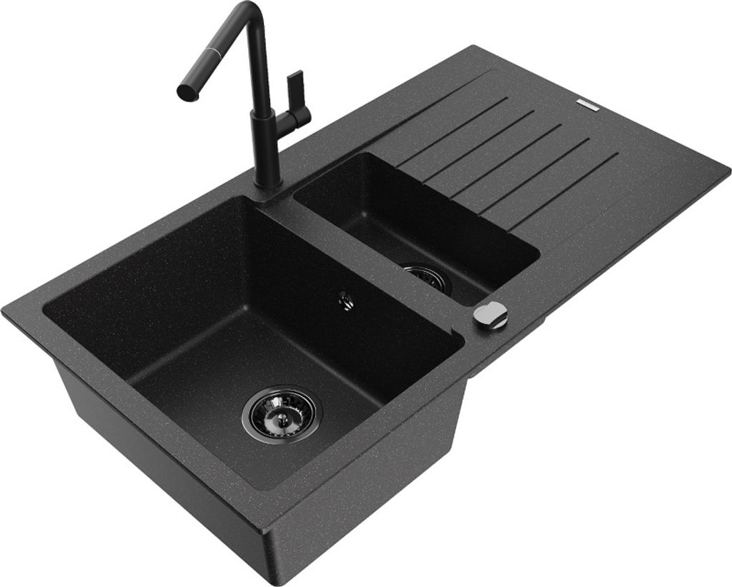 Mexen Matias 1,5-Becken-Granitspüle mit Abtropffläche und Mischbatterie Flora, Schwarz/Silber - 6502-73-670401-70-B