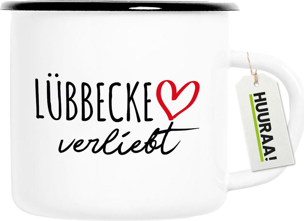 Huuraa Emaille Tasse Lübbecke verliebt 300ml Vintage Campingbecher Geschenkidee